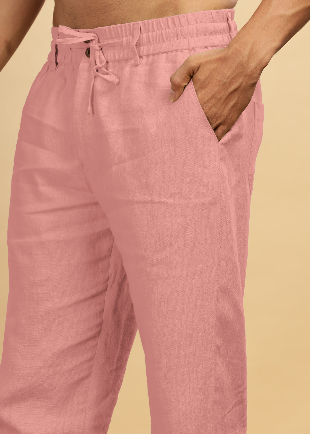 Drake - Pure Linen Trousers With Elastic Waist Band, Drawcord & Zipper - Rose Pink