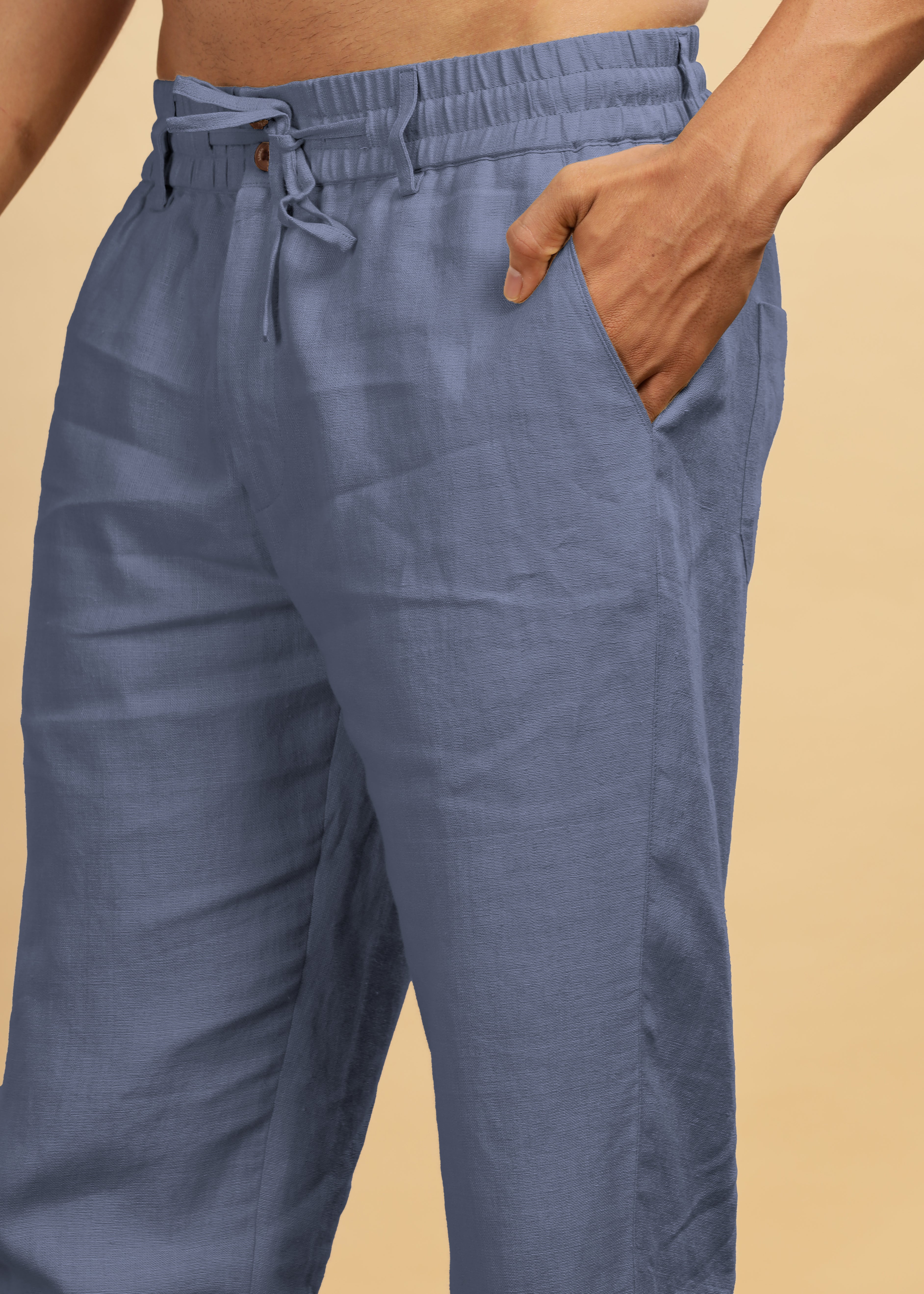 Dark Blue Grey Pure Linen Pants With Elastic Waistband, Drawcord