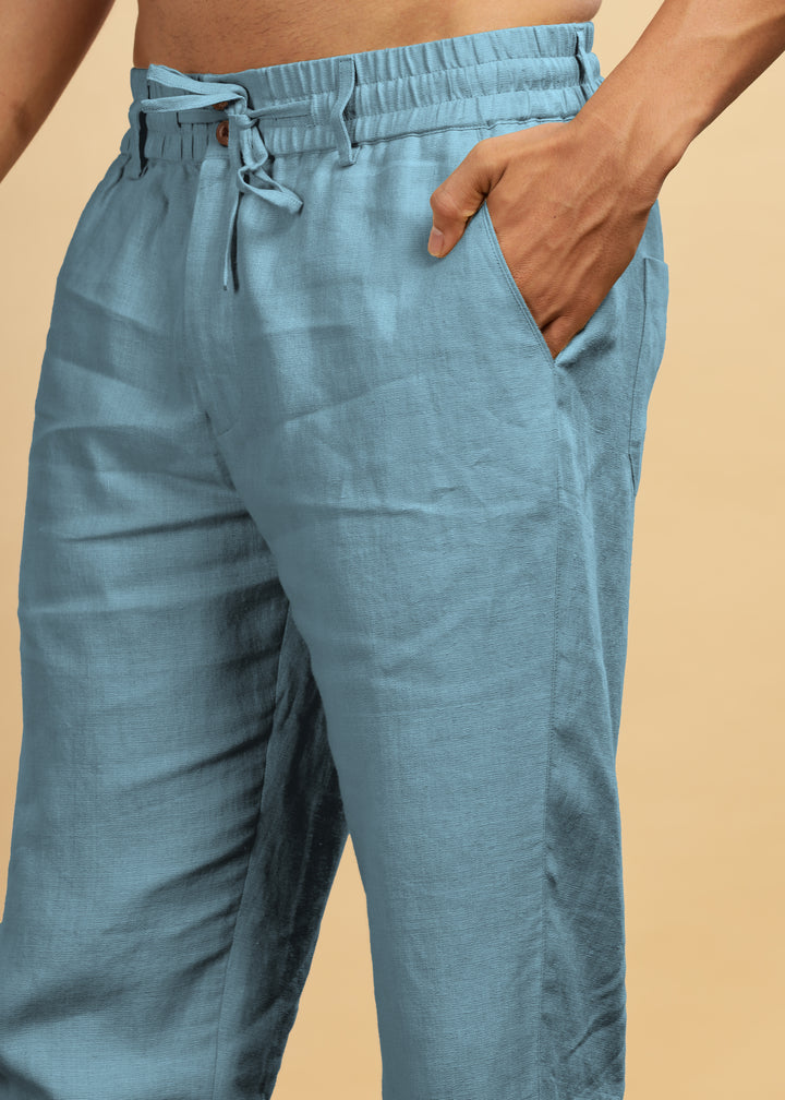 Drake - Pure Linen Trousers With Elastic Waist Band, Drawcord & Zipper - Light Blue Grey