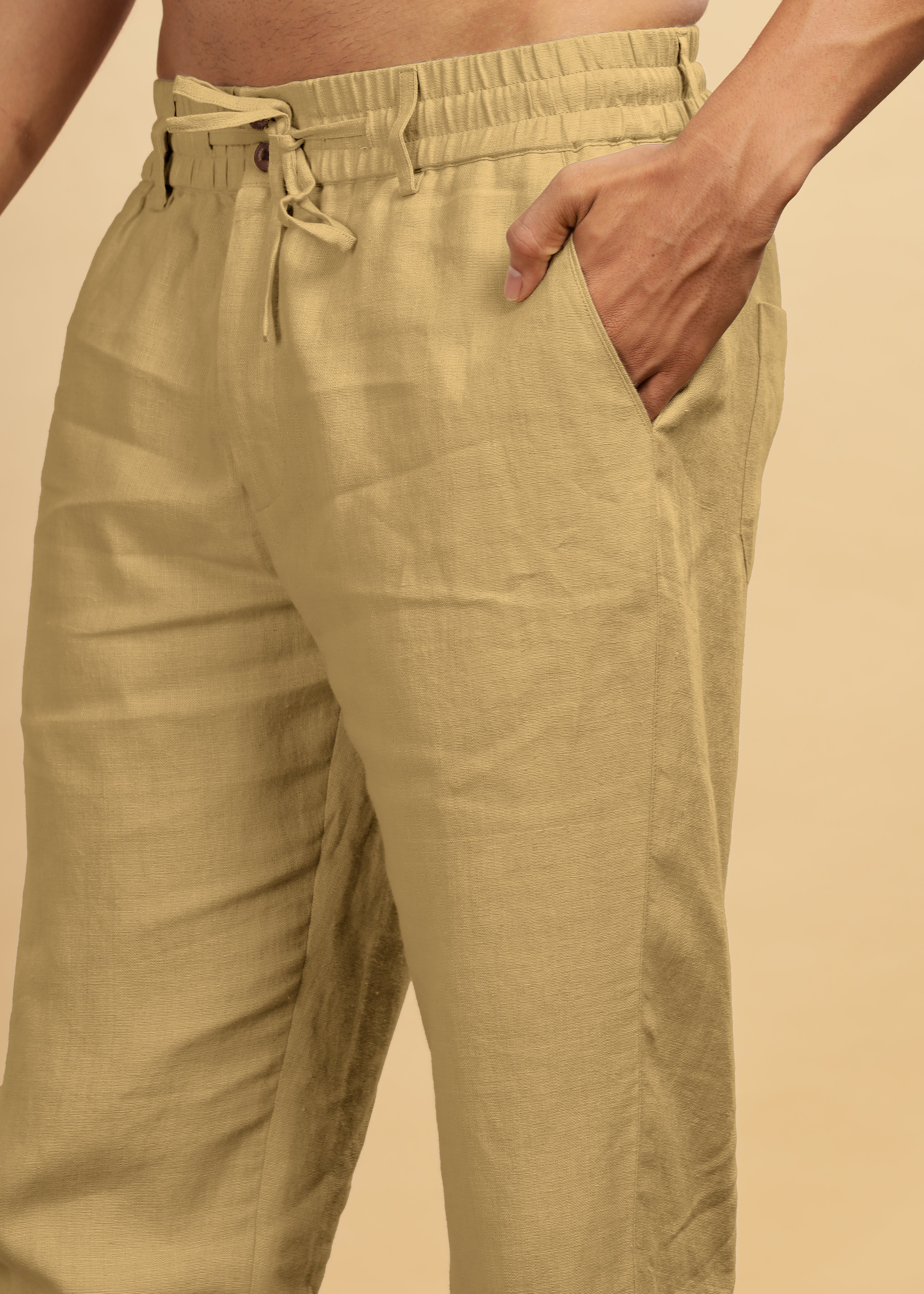 Sage Green Pure Linen Pants With Elastic Waistband, Drawcord