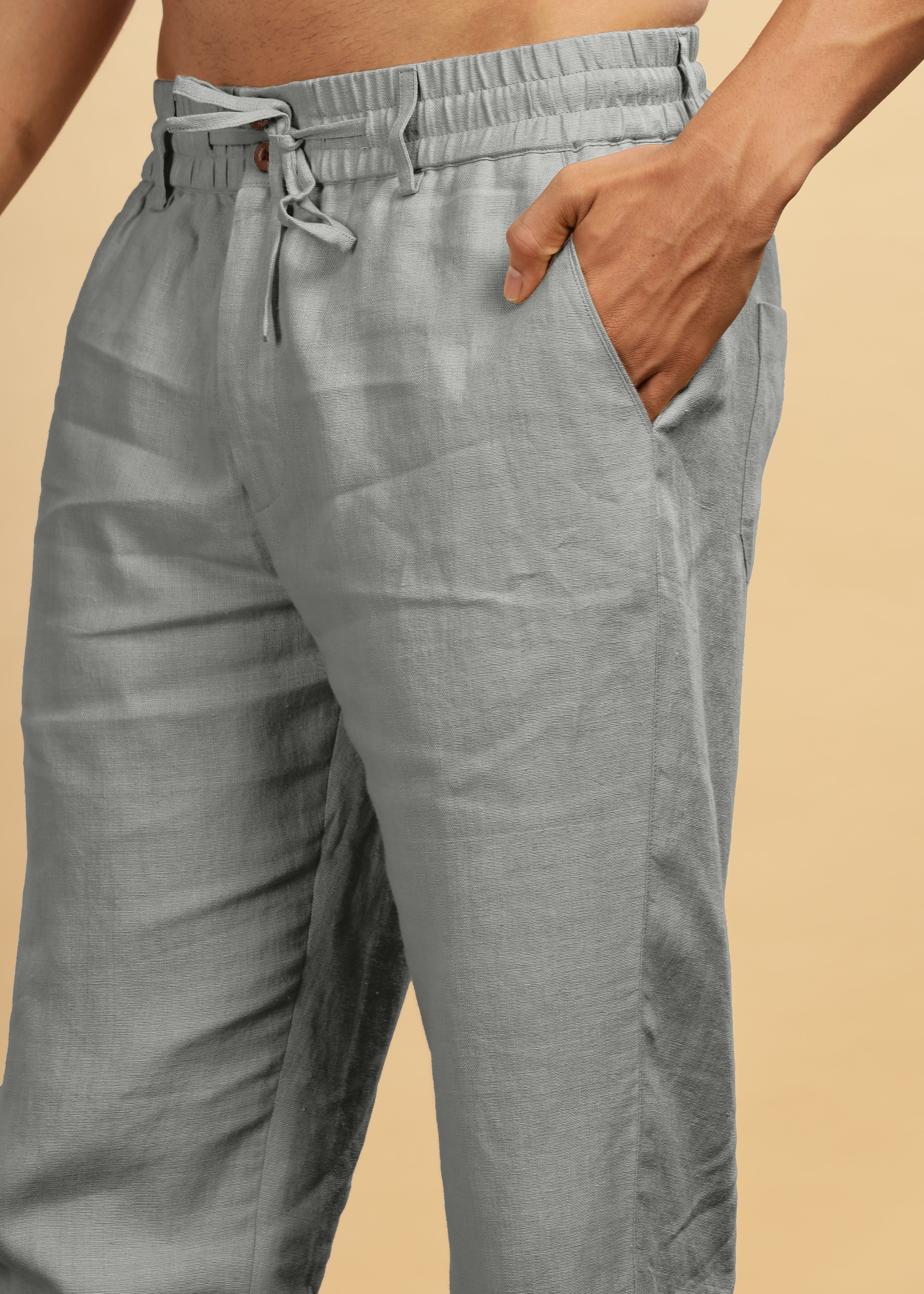 Ash Grey Pure Linen Pants With Elastic Waistband, Drawcord
