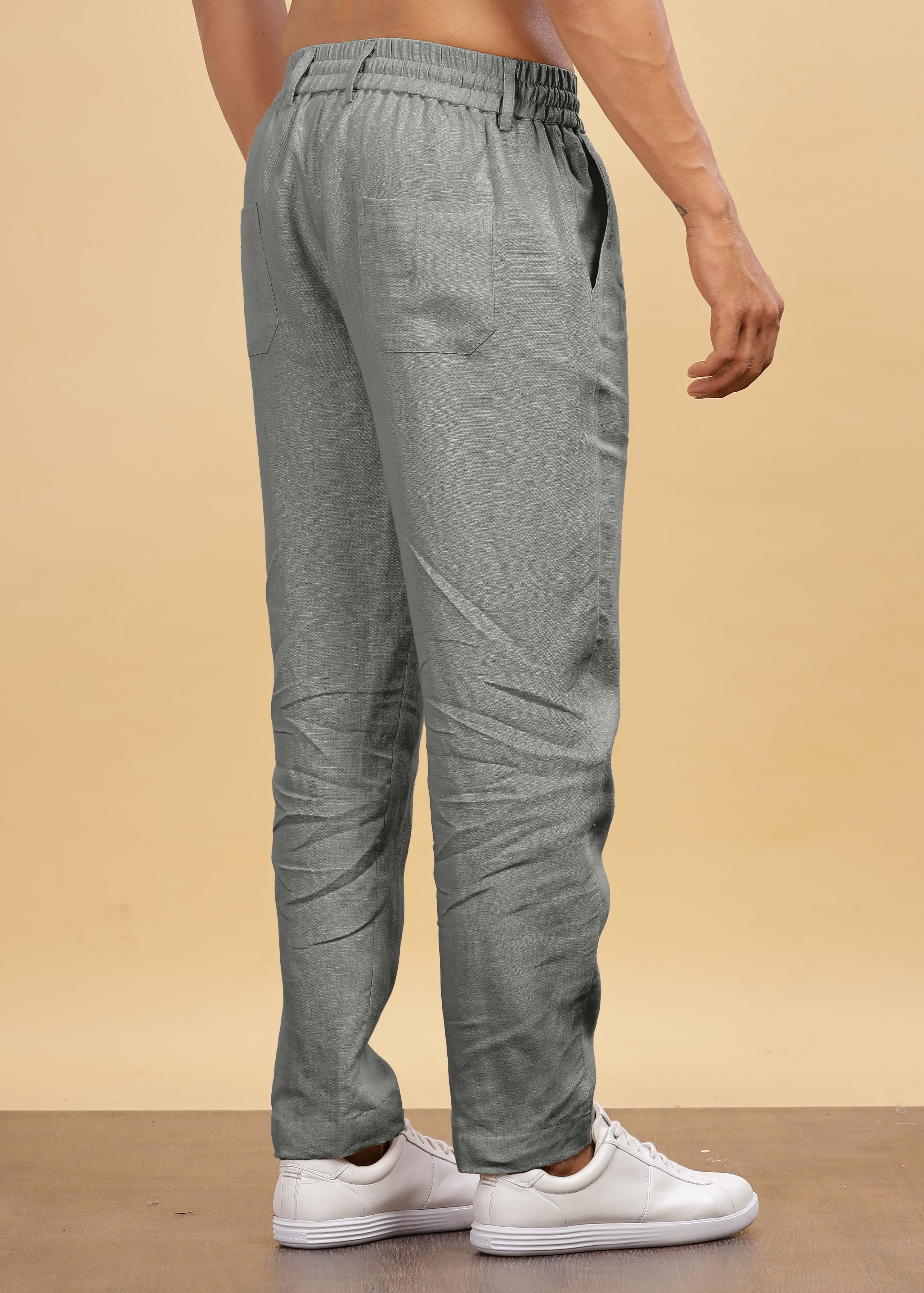Ash Grey Pure Linen Pants With Elastic Waistband, Drawcord