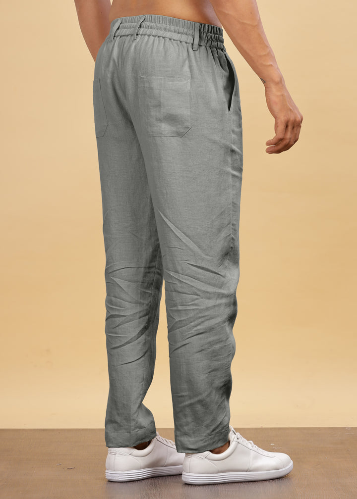 Drake - Pure Linen Trousers With Elastic Waist Band, Drawcord & Zipper - Ash Grey