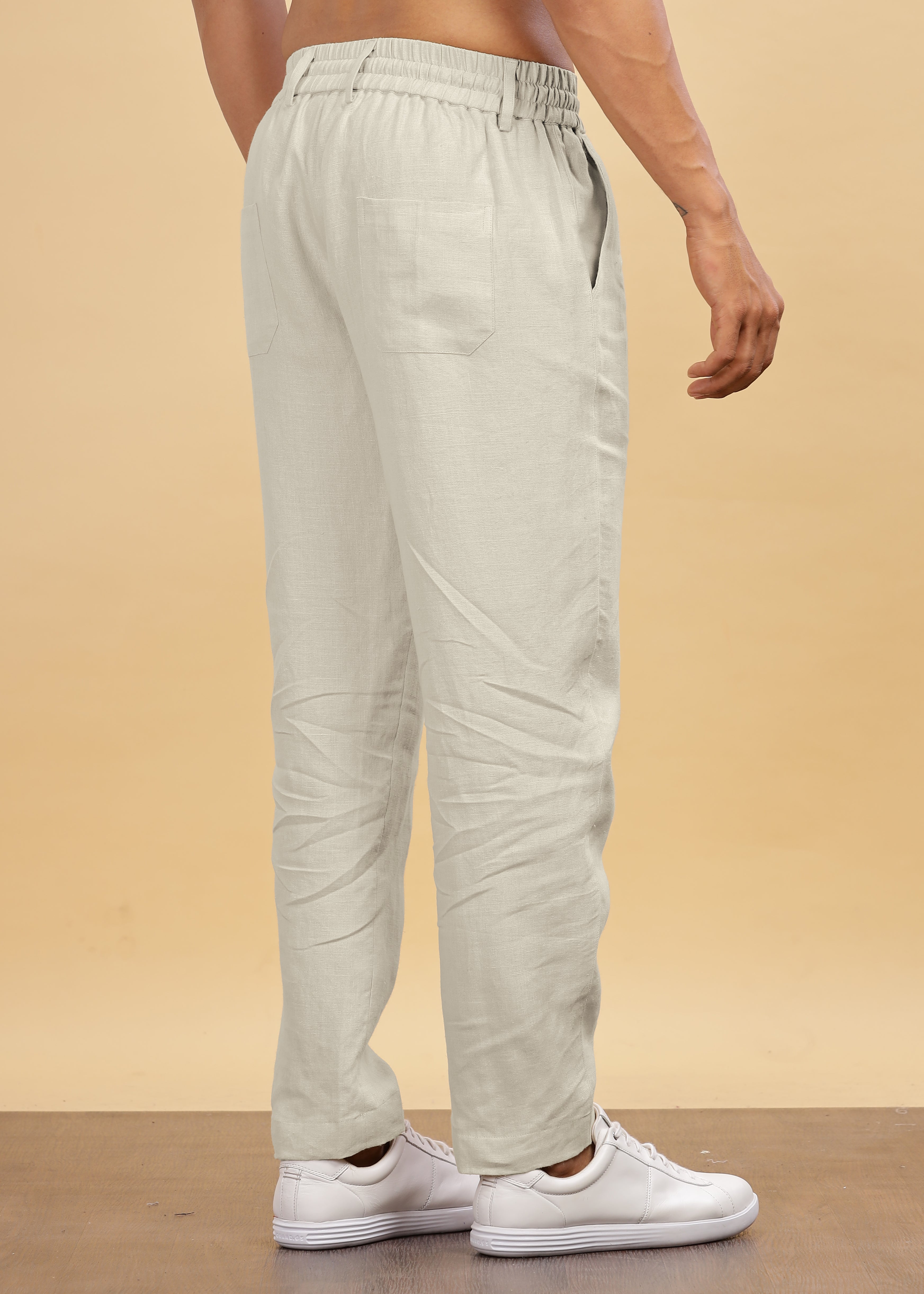 Powder Blue Pure Linen Pants With Elastic Waistband, Drawcord