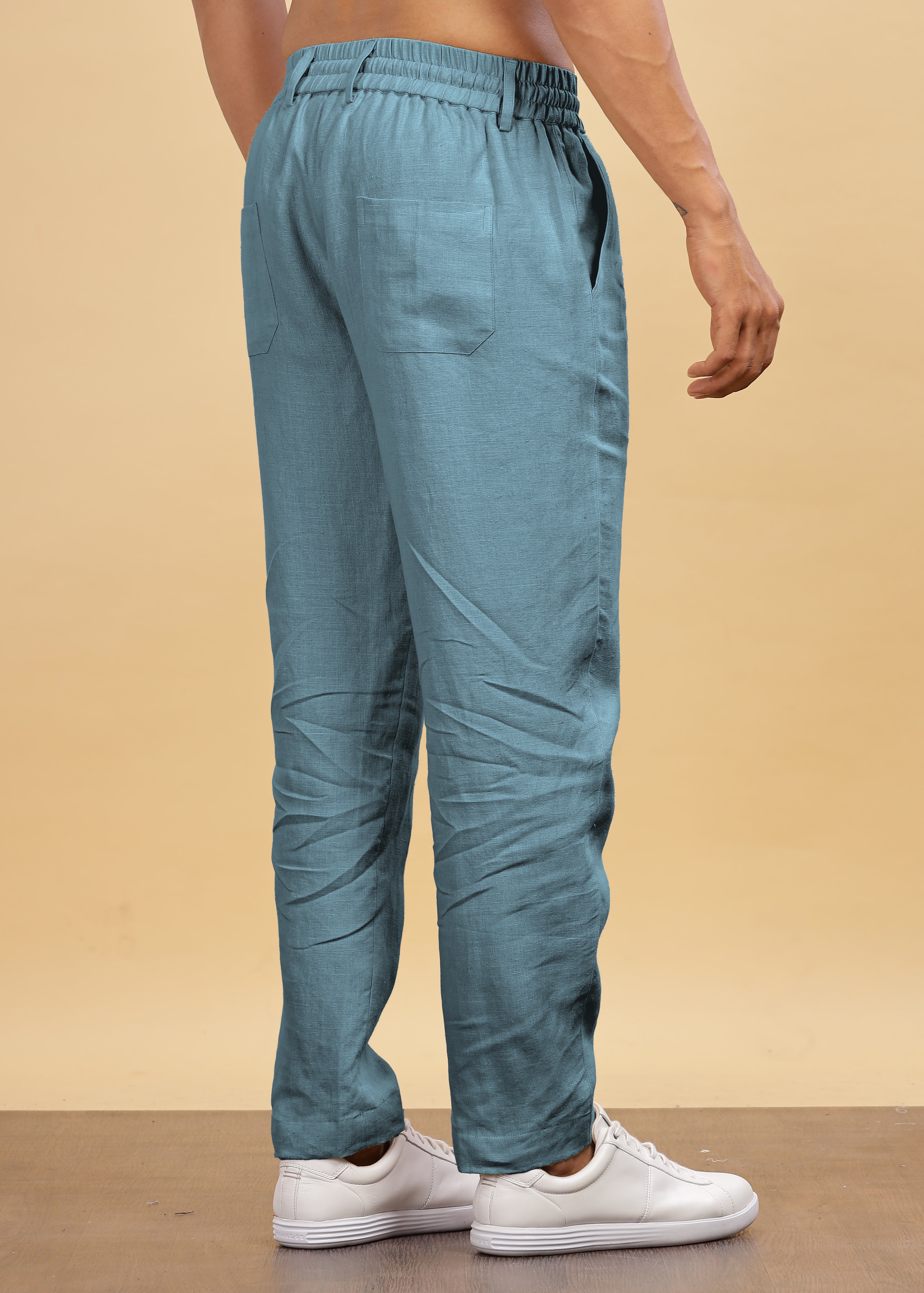 Light Blue Grey Pure Linen Pants With Elastic Waistband, Drawcord