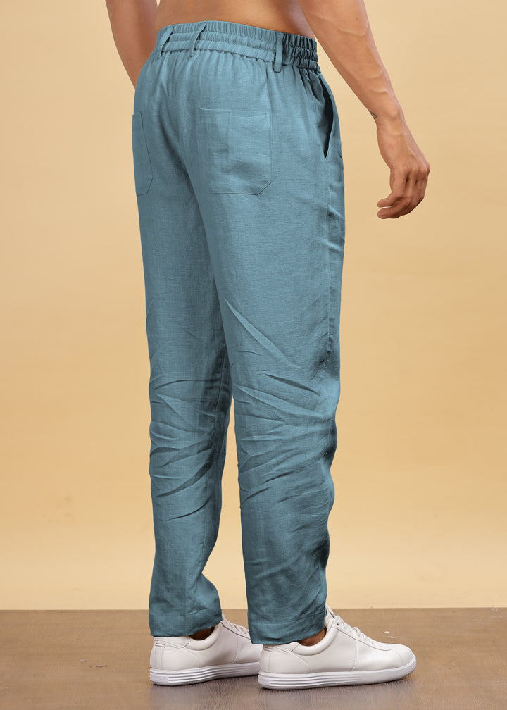 Drake - Pure Linen Trousers With Elastic Waist Band, Drawcord & Zipper - Light Blue Grey