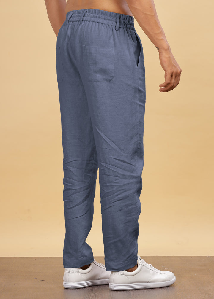 Drake - Pure Linen Trousers With Elastic Waist Band, Drawcord & Zipper - Dark Blue Grey