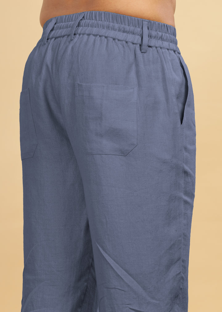 Drake - Pure Linen Trousers With Elastic Waist Band, Drawcord & Zipper - Dark Blue Grey