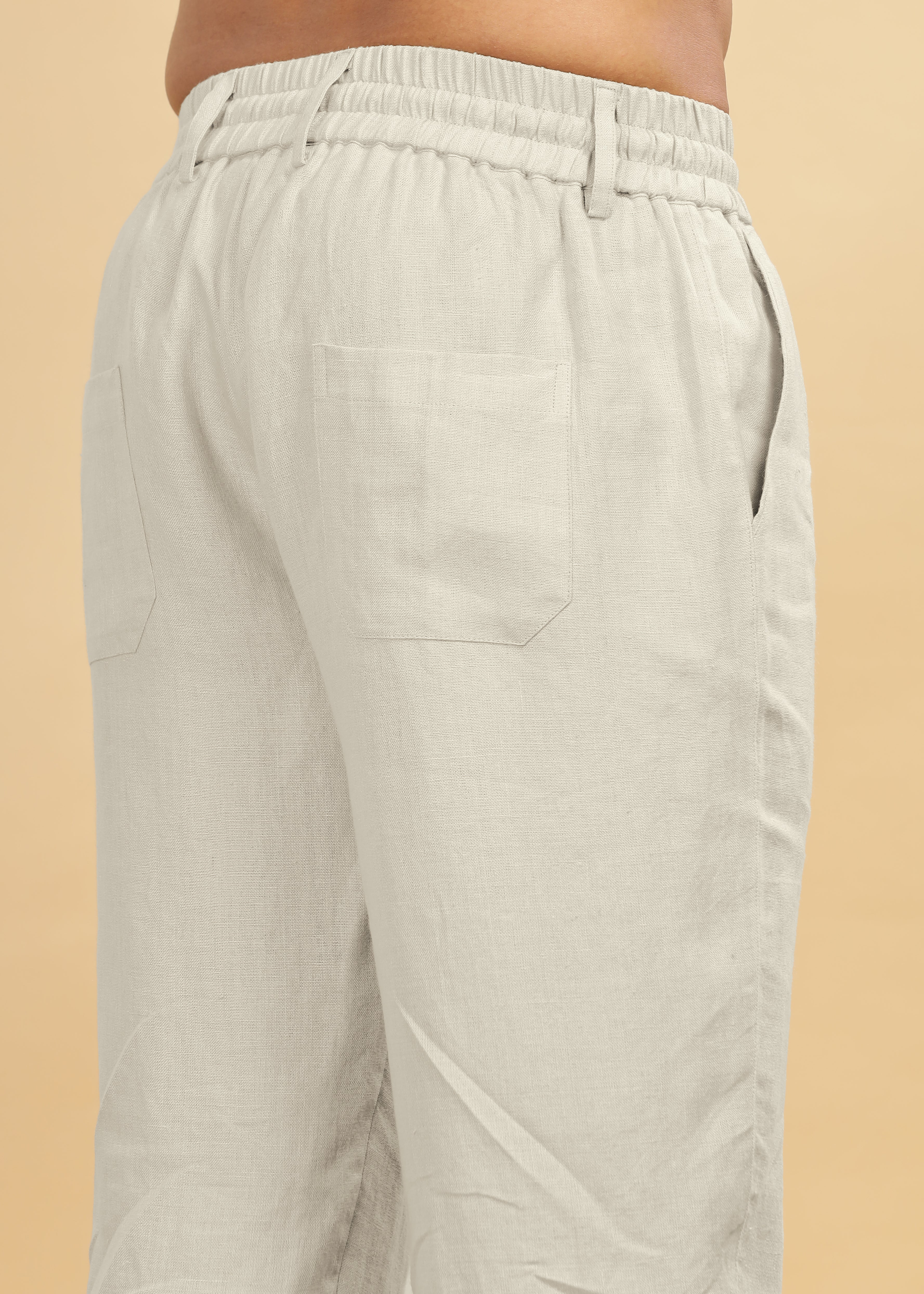 Powder Blue Pure Linen Pants With Elastic Waistband, Drawcord