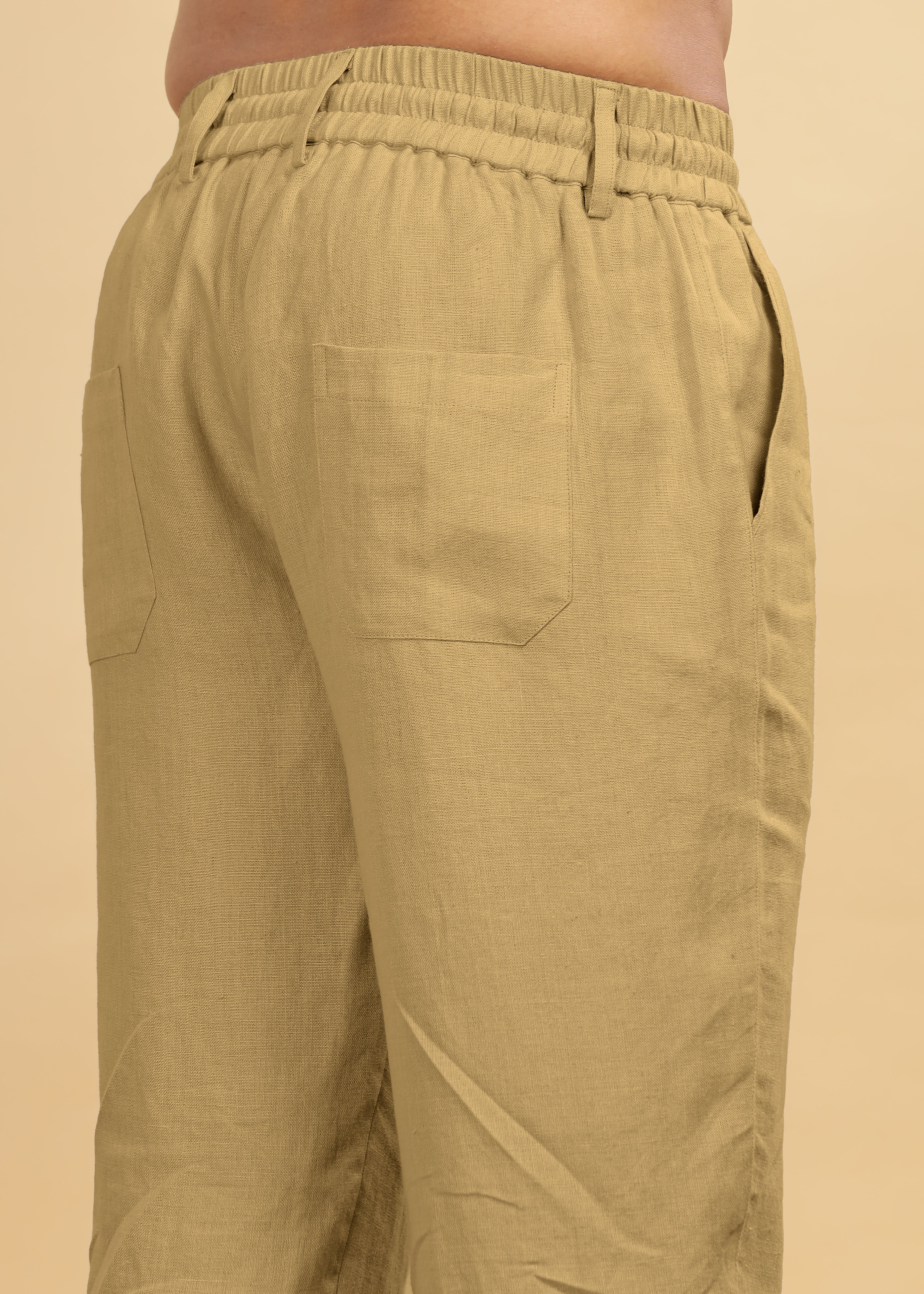 Sage Green Pure Linen Pants With Elastic Waistband, Drawcord