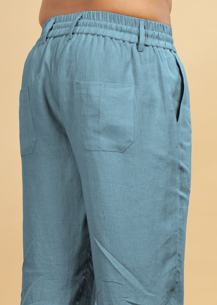 Drake - Pure Linen Trousers With Elastic Waist Band, Drawcord & Zipper - Light Blue Grey