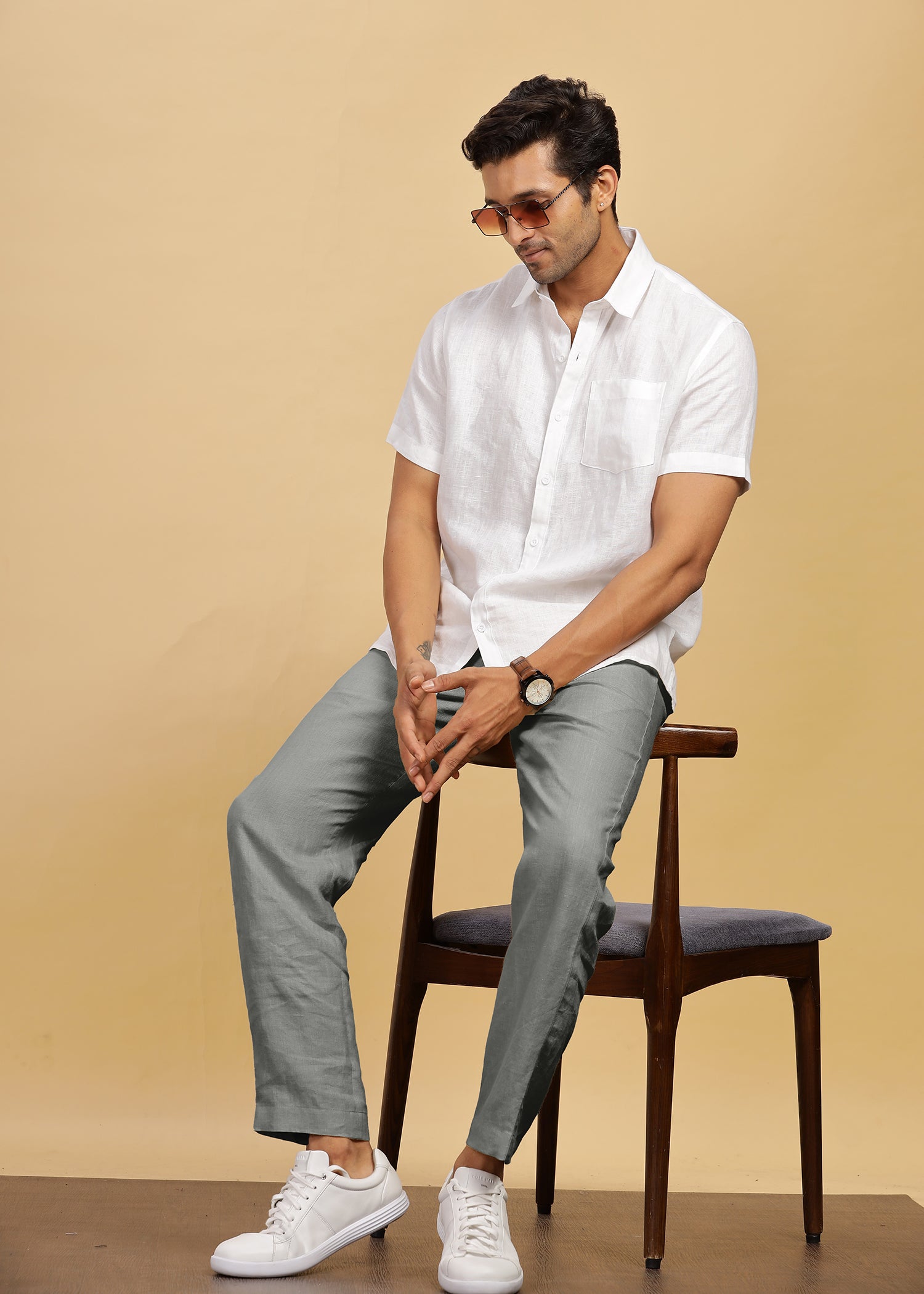 Ash Grey Pure Linen Pants With Elastic Waistband, Drawcord