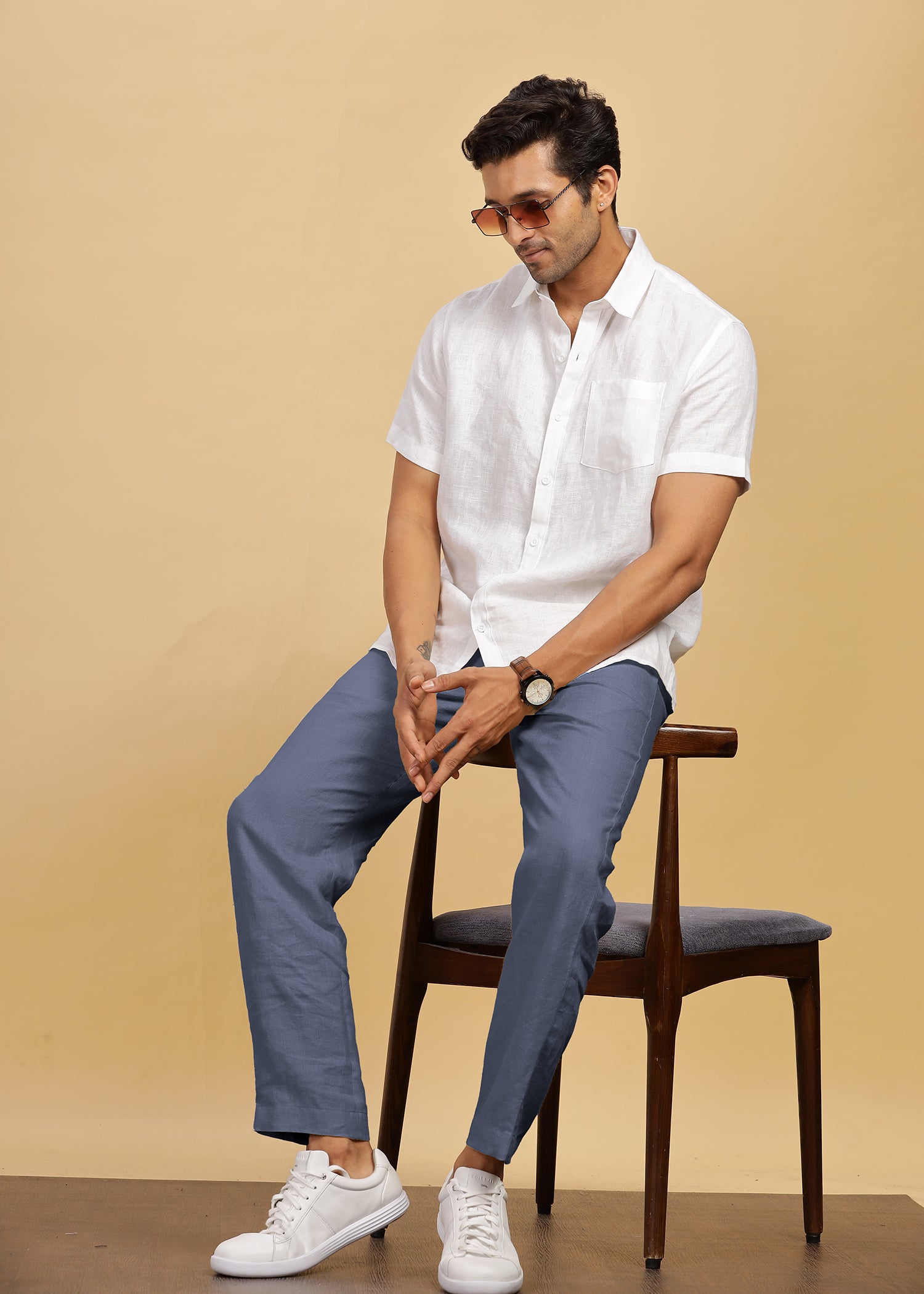 Dark Blue Grey Pure Linen Pants With Elastic Waistband, Drawcord