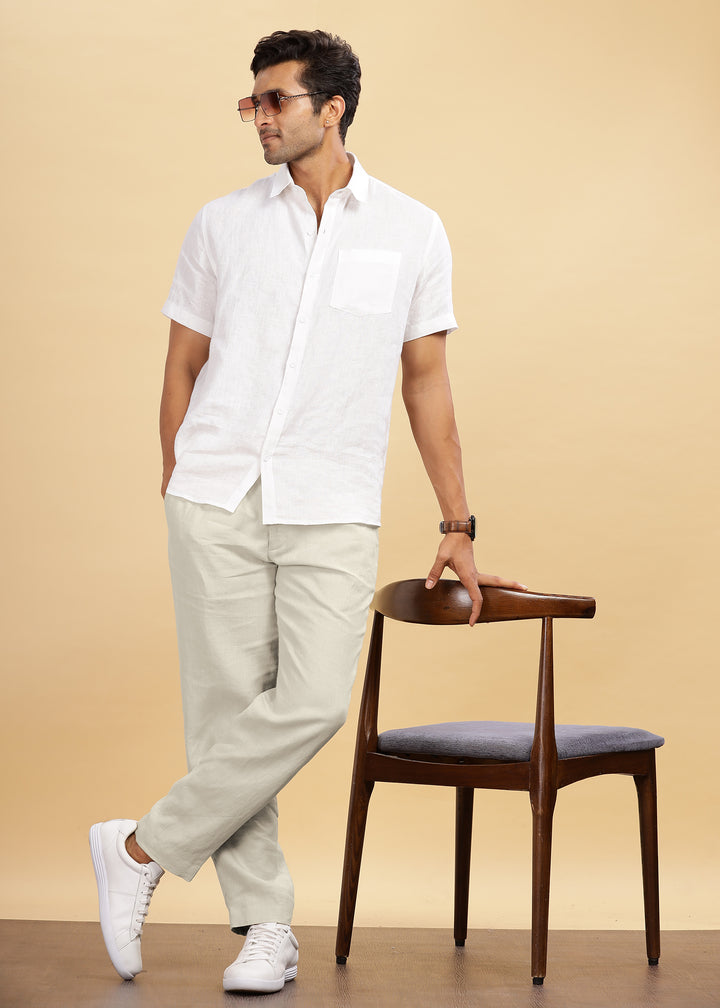 Drake - Pure Linen Trousers With Elastic Waist Band, Drawcord & Zipper - Powder Blue