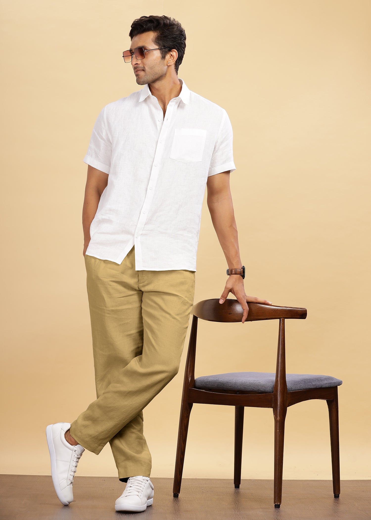 Sage Green Pure Linen Pants With Elastic Waistband, Drawcord