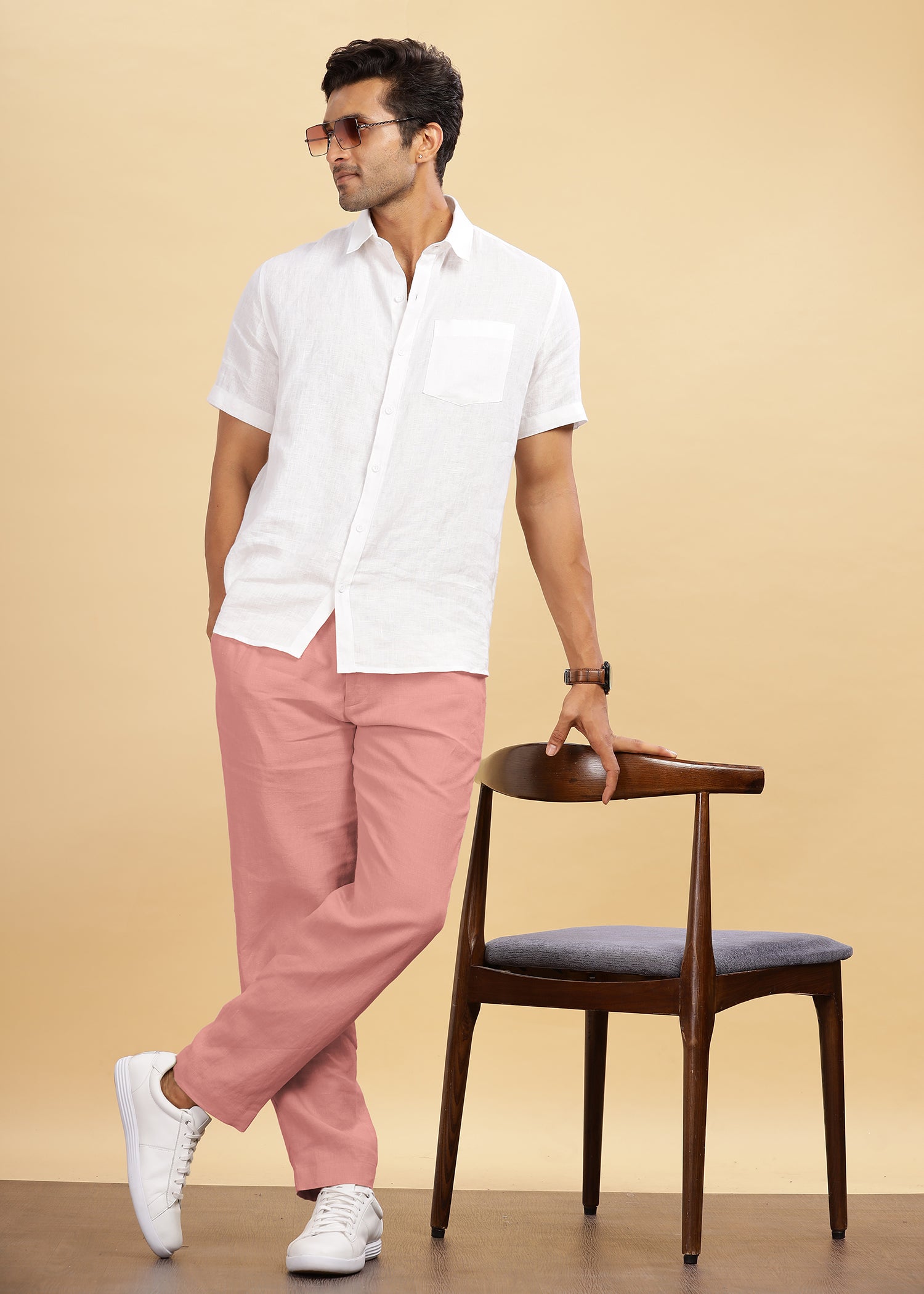 Rose Pink Pure Linen Pants With Elastic Waistband, Drawcord