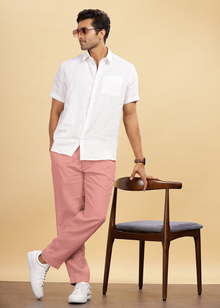 Drake - Pure Linen Trousers With Elastic Waist Band, Drawcord & Zipper - Rose Pink