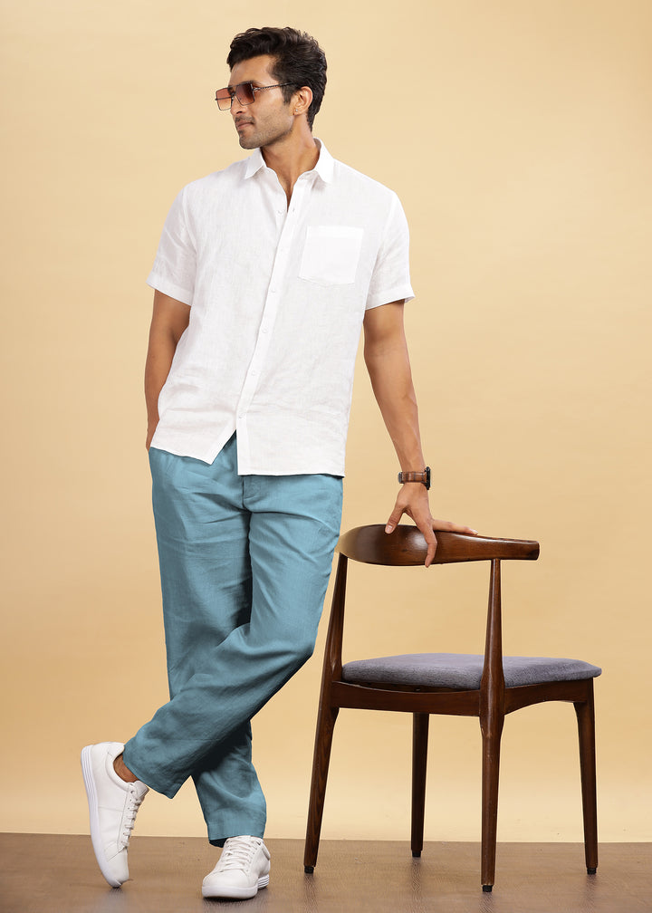 Drake - Pure Linen Trousers With Elastic Waist Band, Drawcord & Zipper - Light Blue Grey