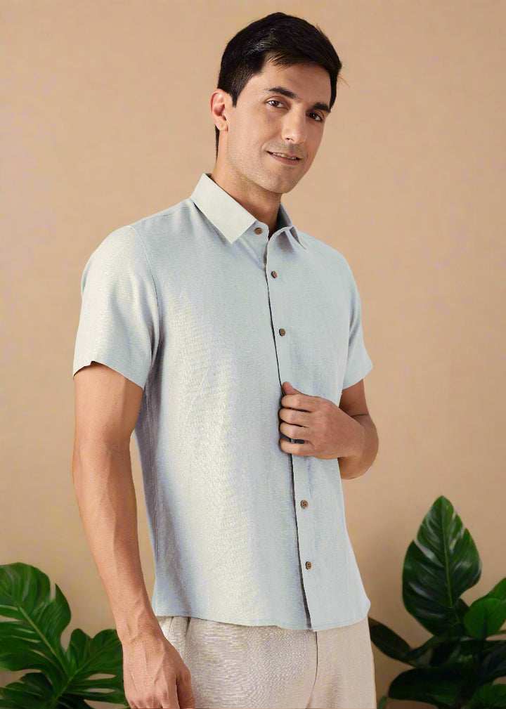 Ron - Pure Linen Half Sleeve Shirt - Light Blue