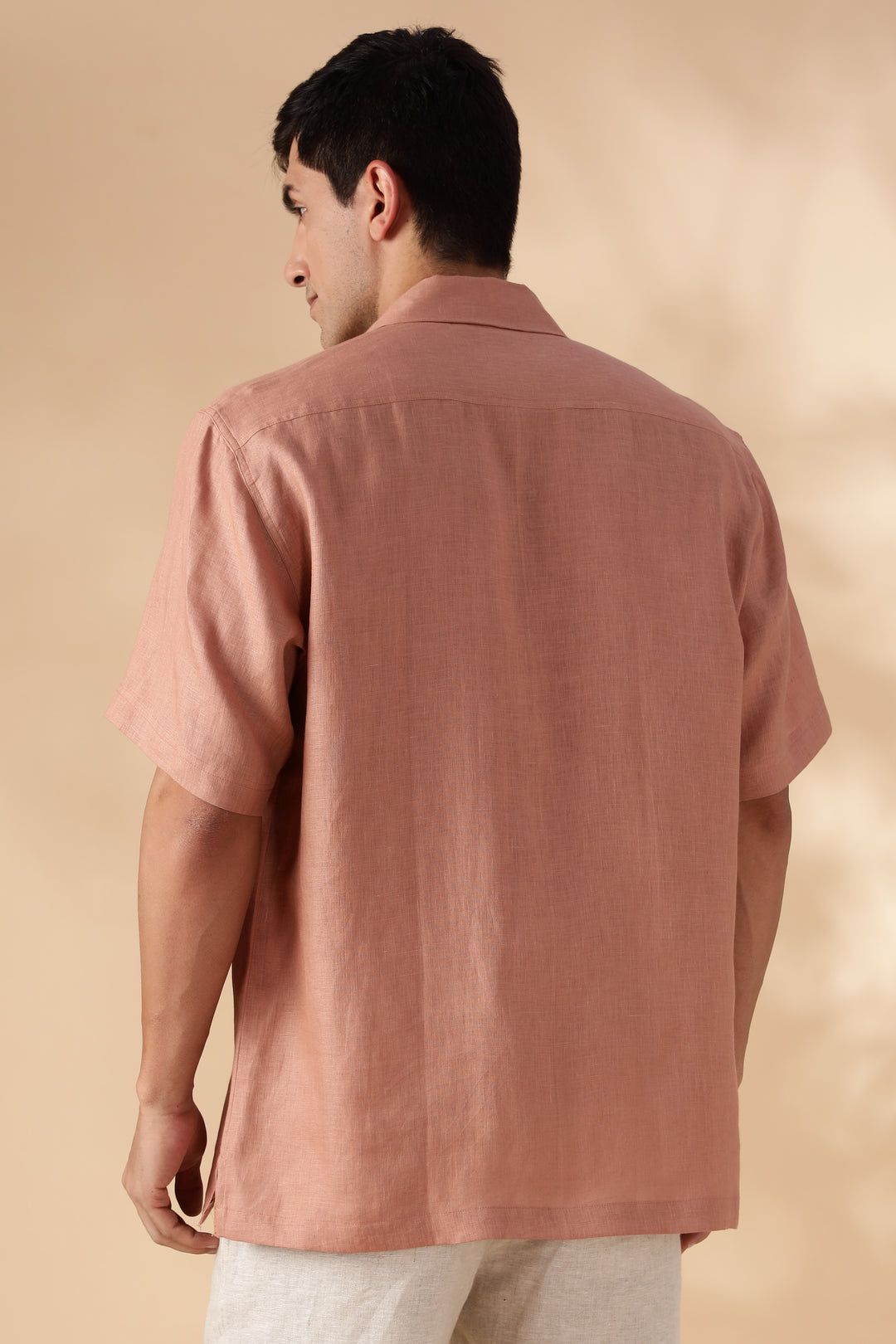 Shay - Pure Linen Cuban Collar Shirt with Printed Flap Pockets - Fondue Pink