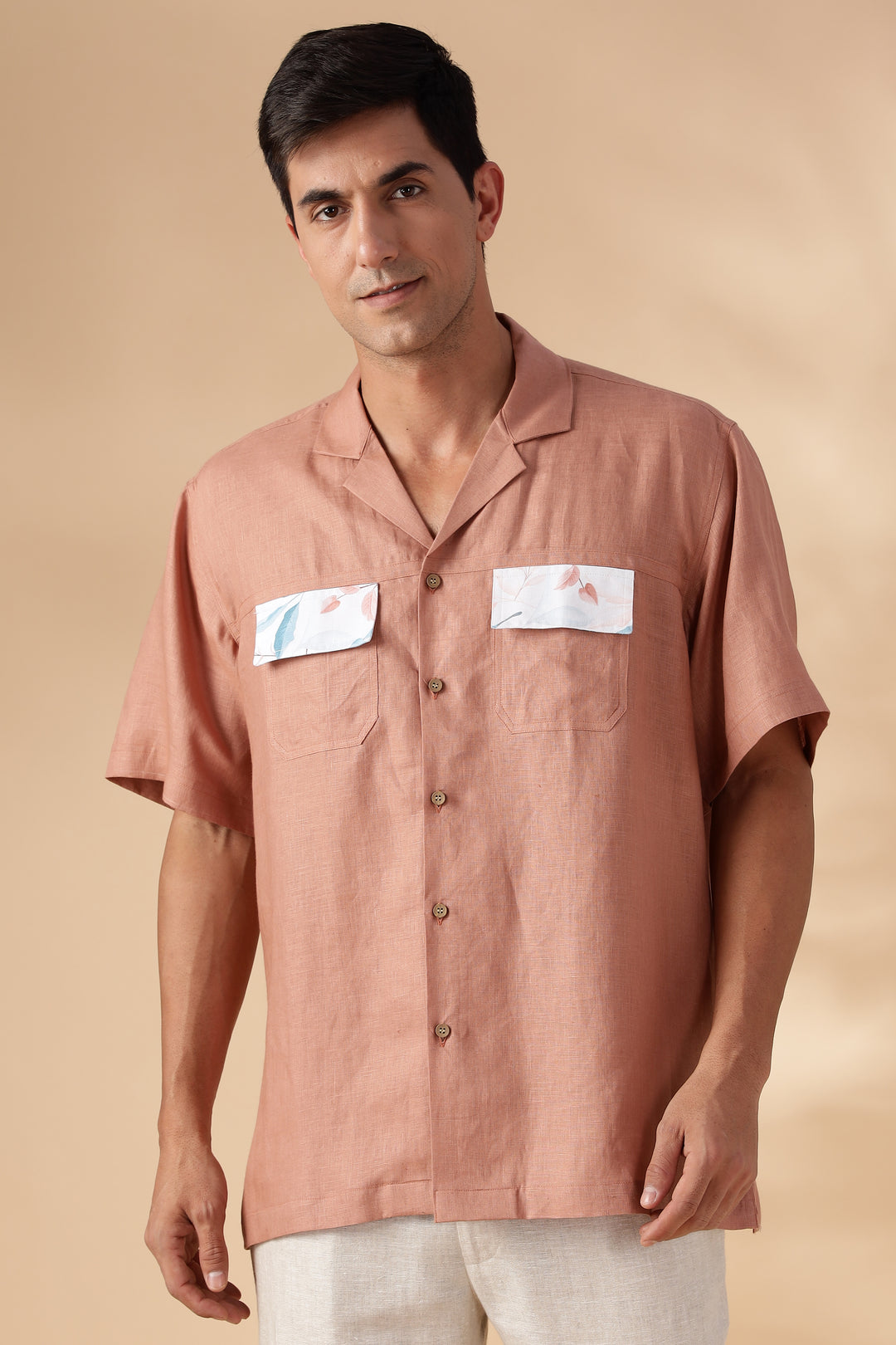 Shay - Pure Linen Cuban Collar Shirt with Printed Flap Pockets - Fondue Pink