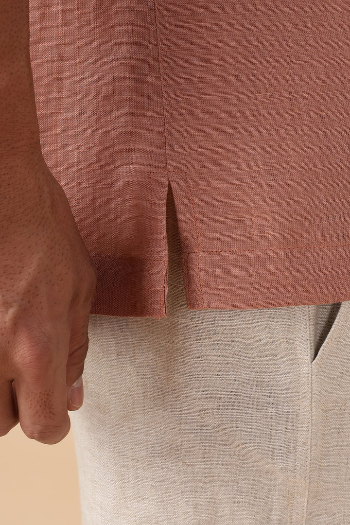 Shay - Pure Linen Cuban Collar Shirt with Printed Flap Pockets - Fondue Pink
