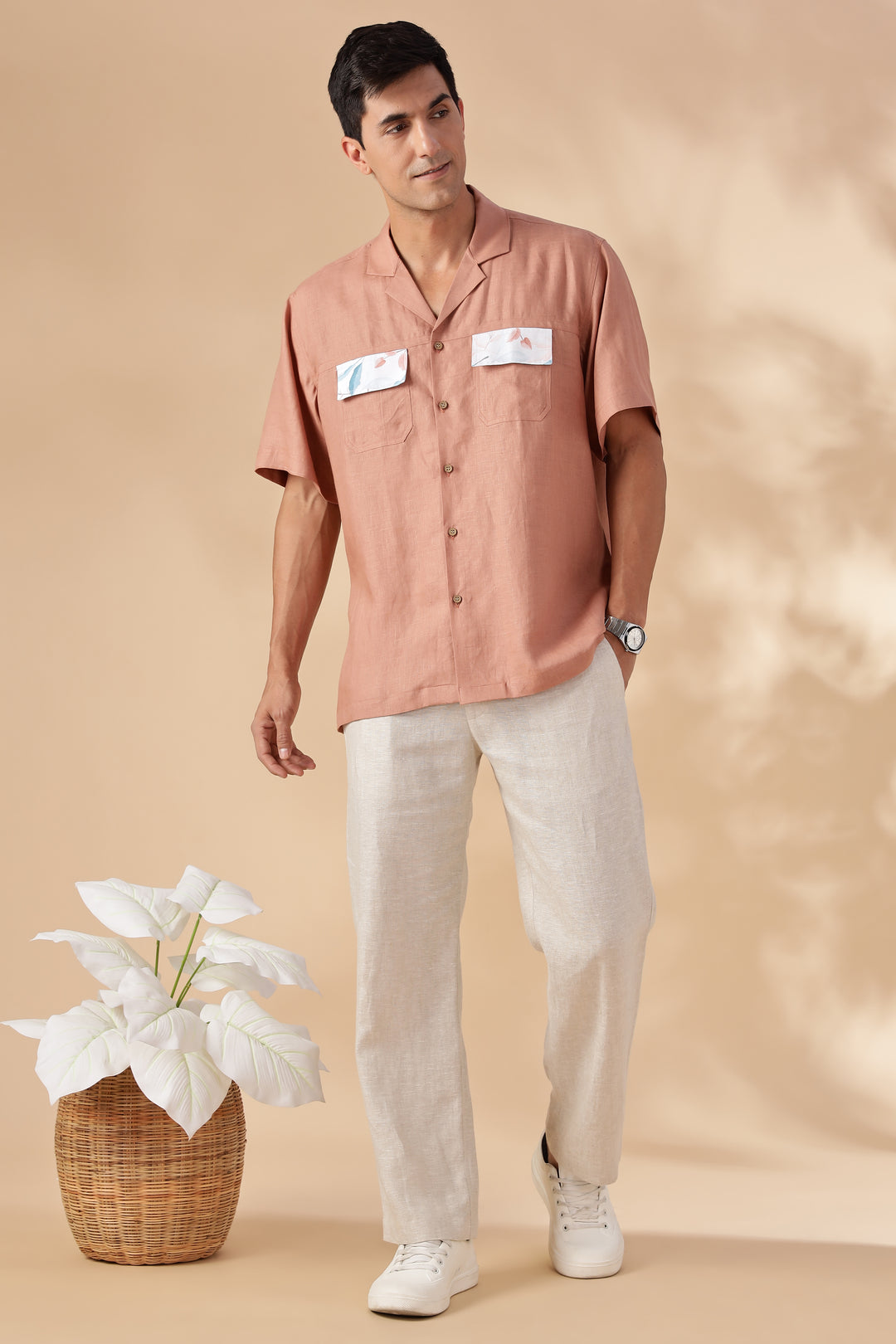 Shay - Pure Linen Cuban Collar Shirt with Printed Flap Pockets - Fondue Pink