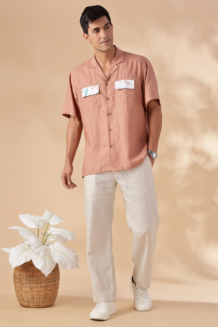 Shay - Pure Linen Cuban Collar Shirt with Printed Flap Pockets - Fondue Pink