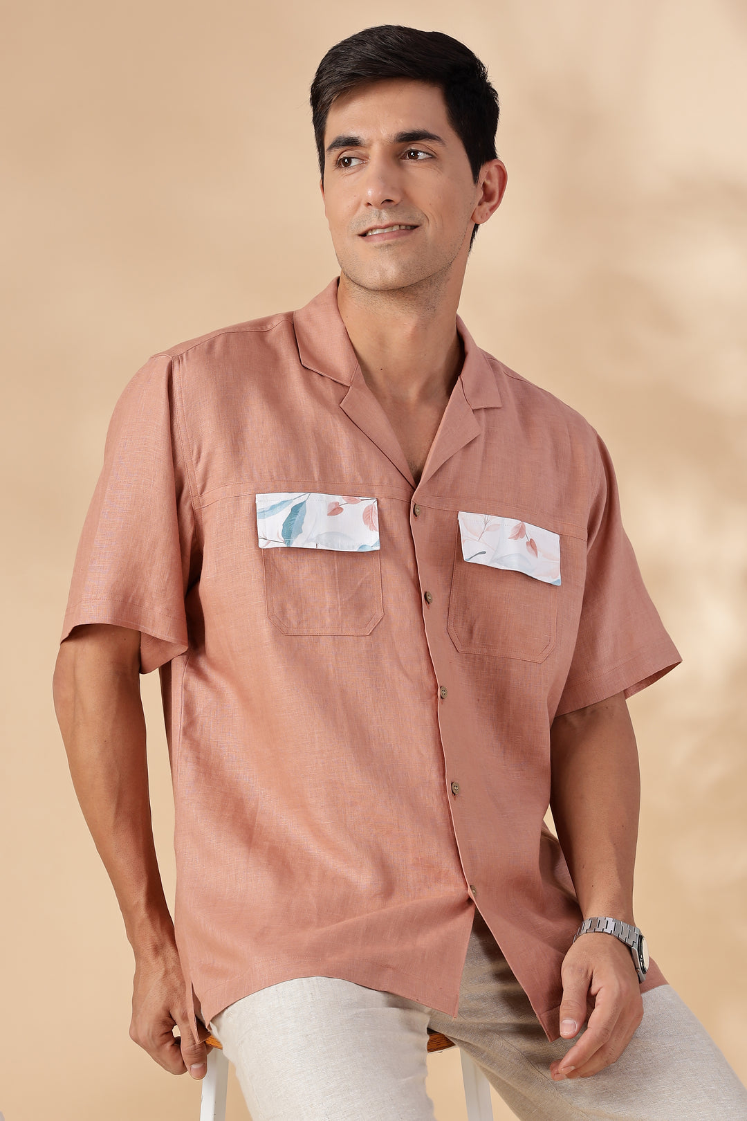 Shay - Pure Linen Cuban Collar Shirt with Printed Flap Pockets - Fondue Pink
