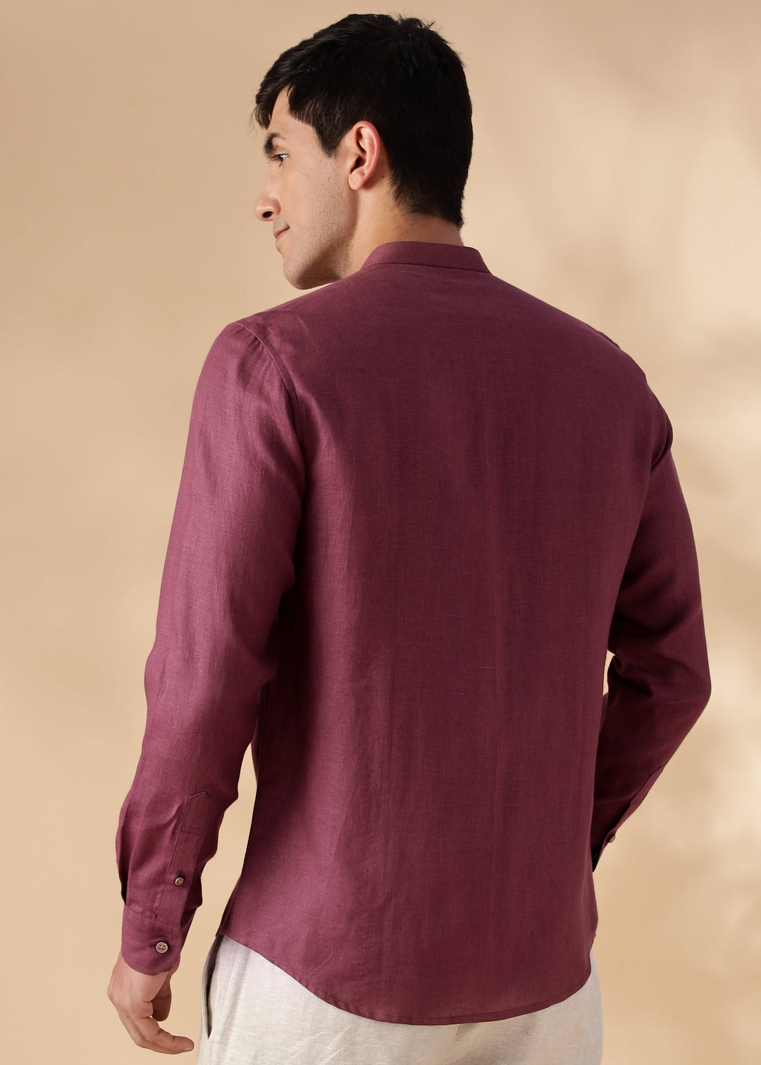 Rustler - Pure Linen Full Sleeve Shirt with Band Collar - Twilight Purple