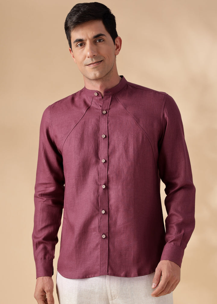 Rustler - Pure Linen Full Sleeve Shirt with Band Collar - Twilight Purple