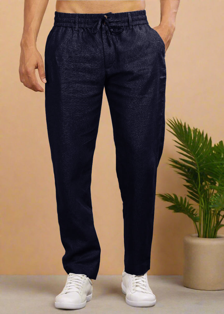 Drake - Pure Linen Trousers With Elastic Waist Band, Drawcord & Zipper - Regal Blue