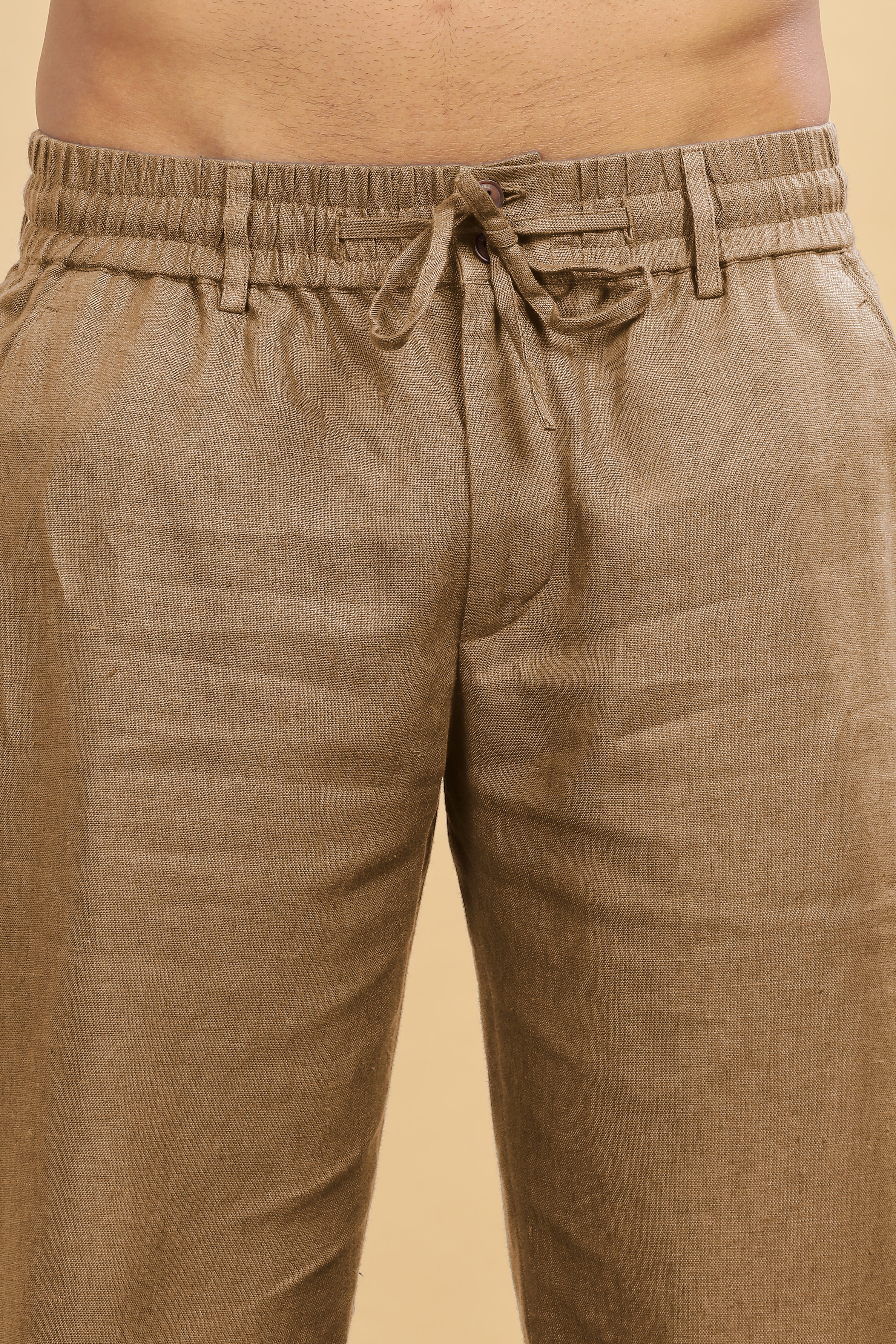 Hazelnut Brown Pure Linen Pants With Elastic Waistband, Drawcord