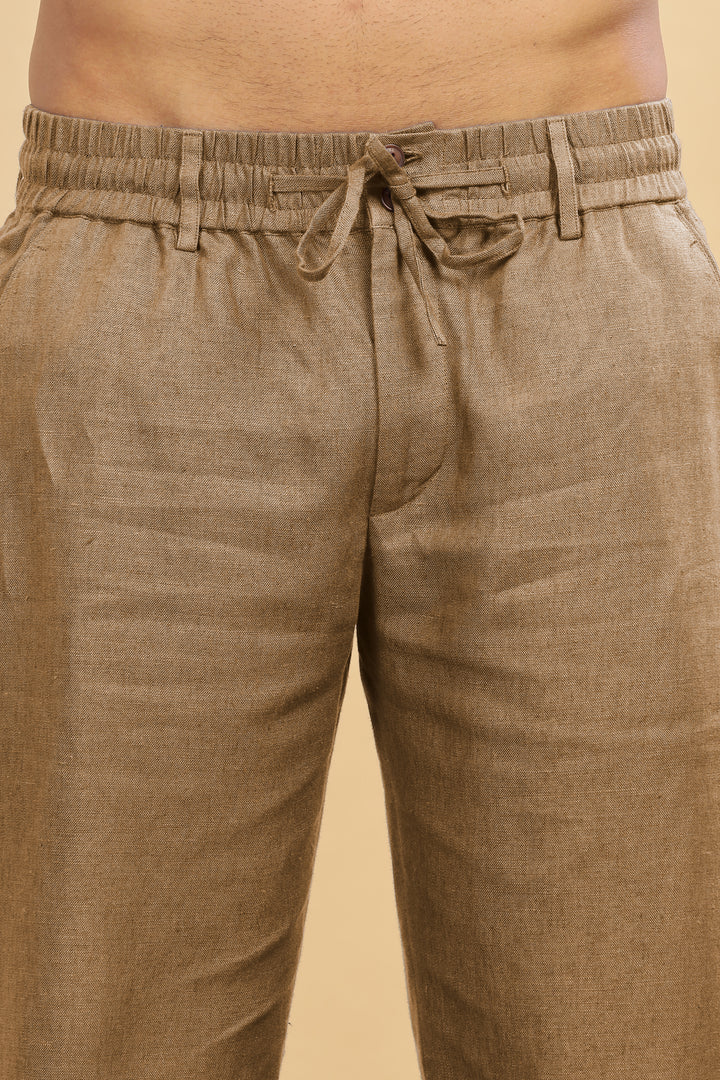 Drake - Pure Linen Trousers With Elastic Waist Band, Drawcord & Zipper - Hazelnut Brown