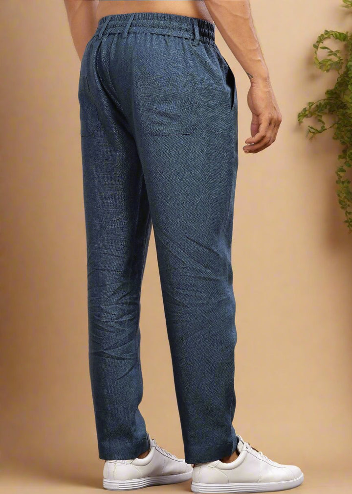 Drake - Pure Linen Trousers With Elastic Waist Band, Drawcord & Zipper - Deep Sea Blue