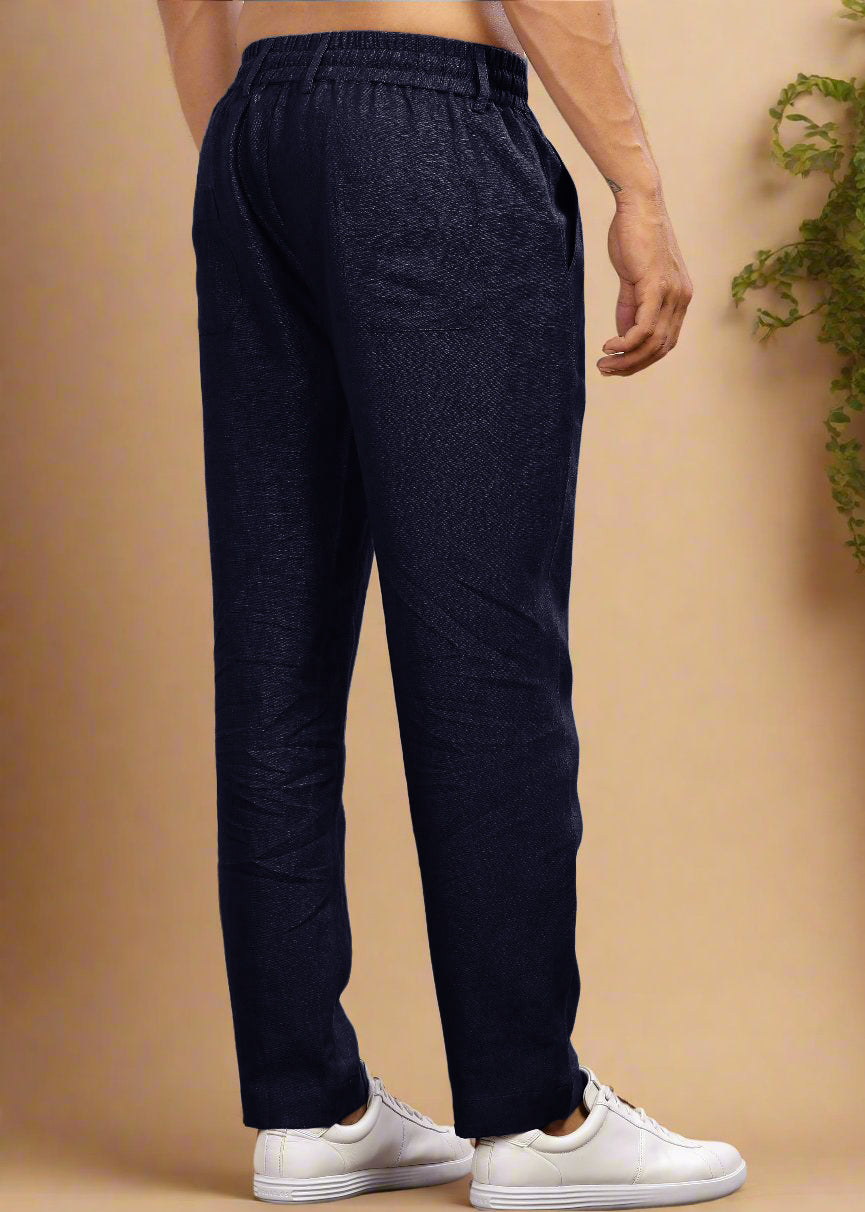 Drake - Pure Linen Trousers With Elastic Waist Band, Drawcord & Zipper - Regal Blue