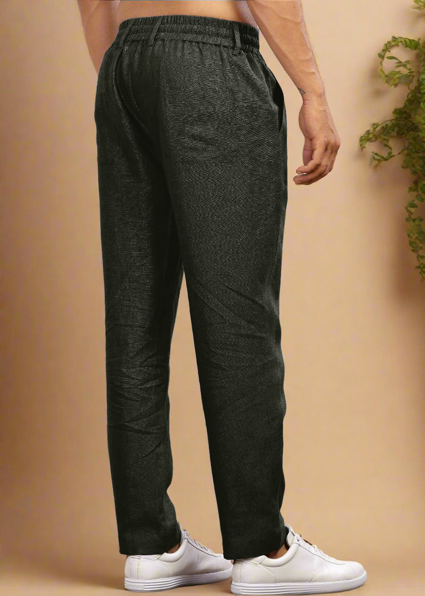 Drake - Pure Linen Trousers With Elastic Waist Band, Drawcord & Zipper - Dark Green