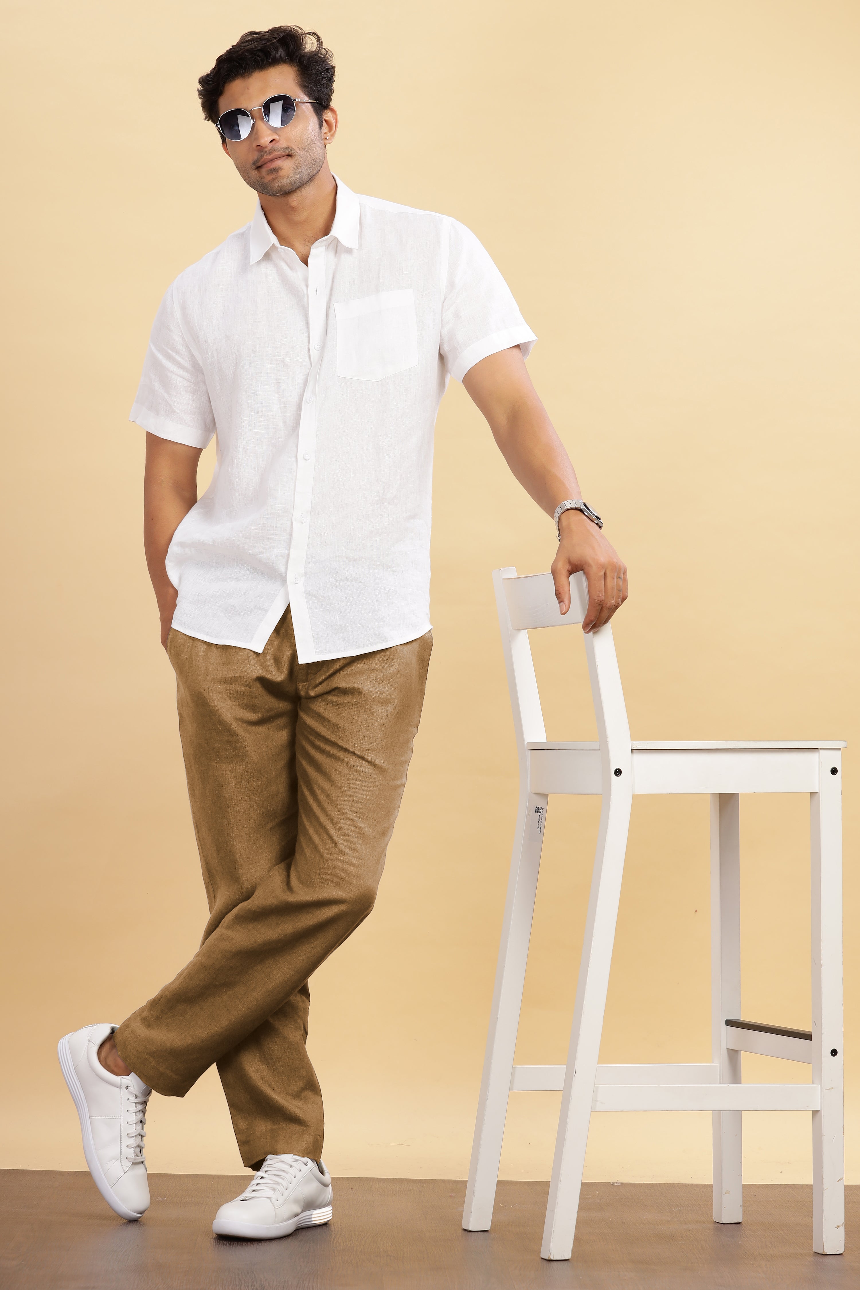 Hazelnut Brown Pure Linen Pants With Elastic Waistband, Drawcord