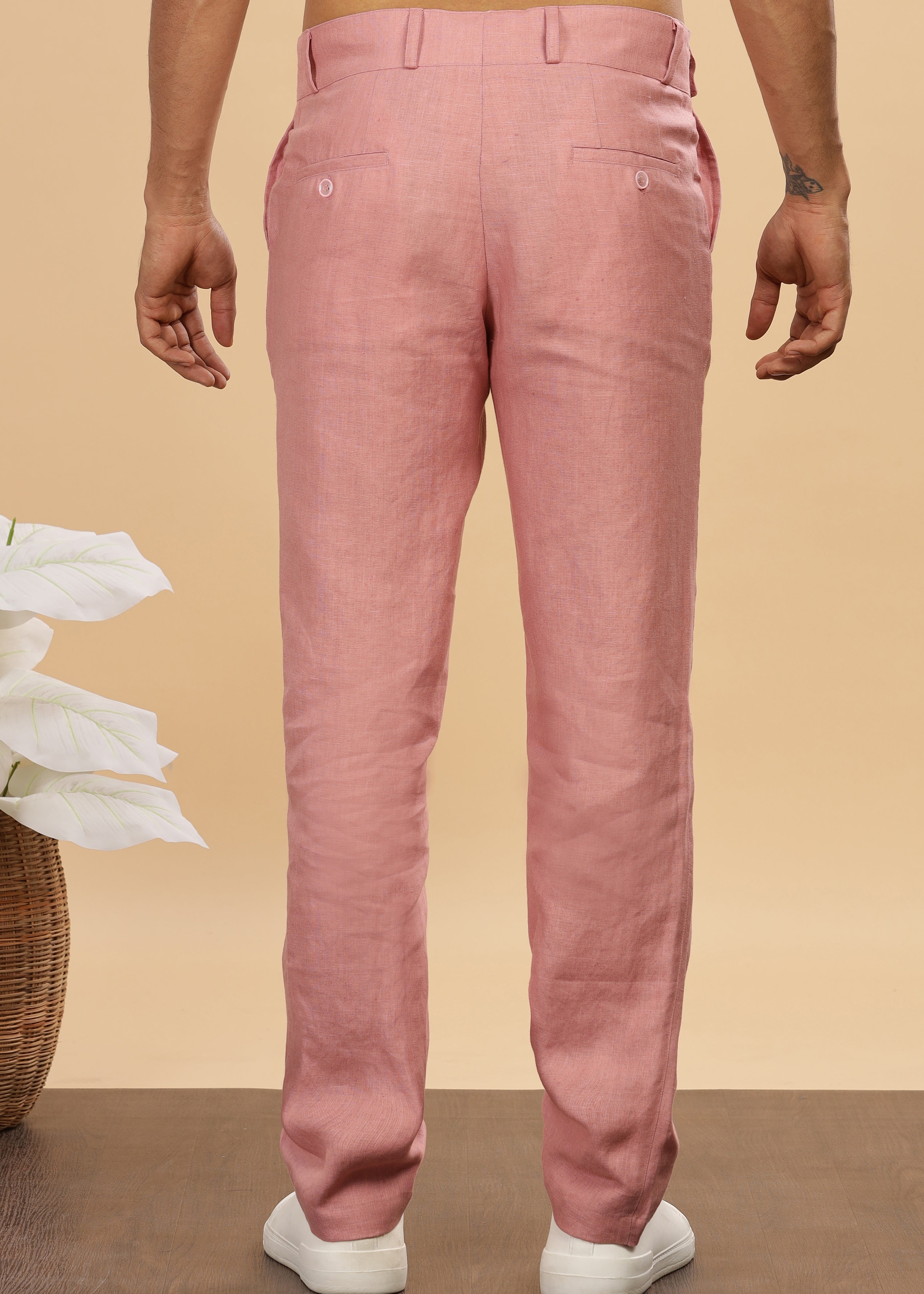Rose Pink Double Button Pure Linen Trousers by Linen Trail