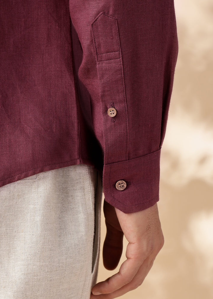 Rustler - Pure Linen Full Sleeve Shirt with Band Collar - Twilight Purple