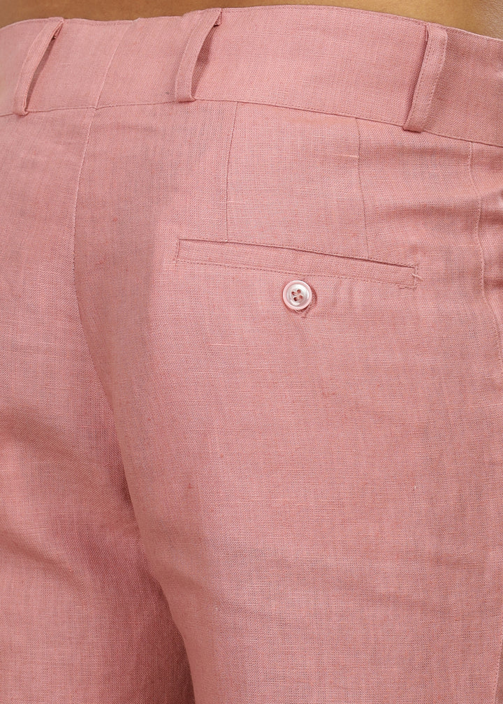 Brandon Double Button Broad Pure Linen Trousers - Rose Pink