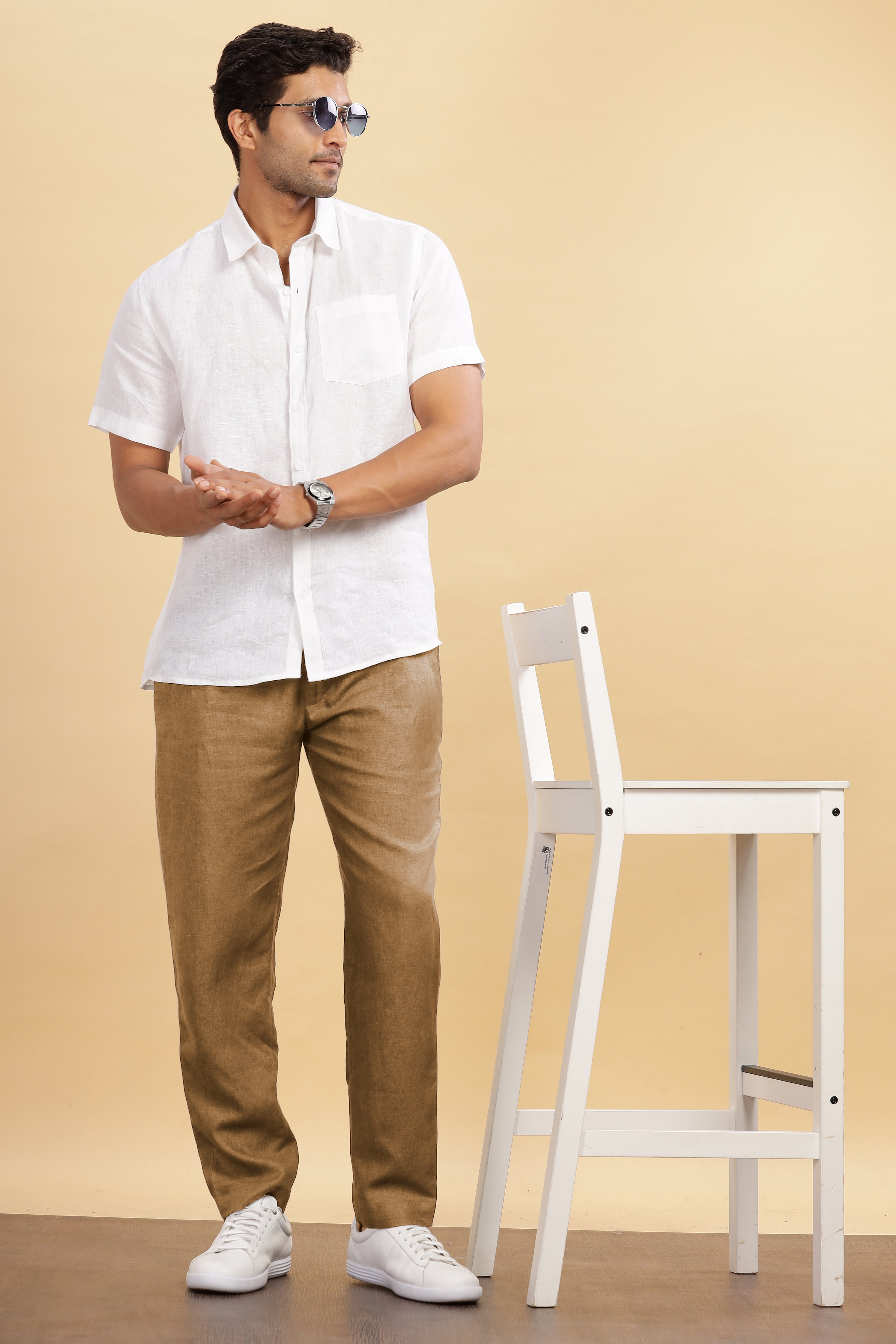 Hazelnut Brown Pure Linen Pants With Elastic Waistband, Drawcord