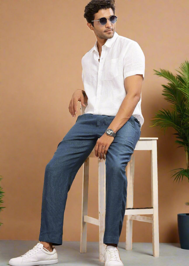 Drake - Pure Linen Trousers With Elastic Waist Band, Drawcord & Zipper - Deep Sea Blue