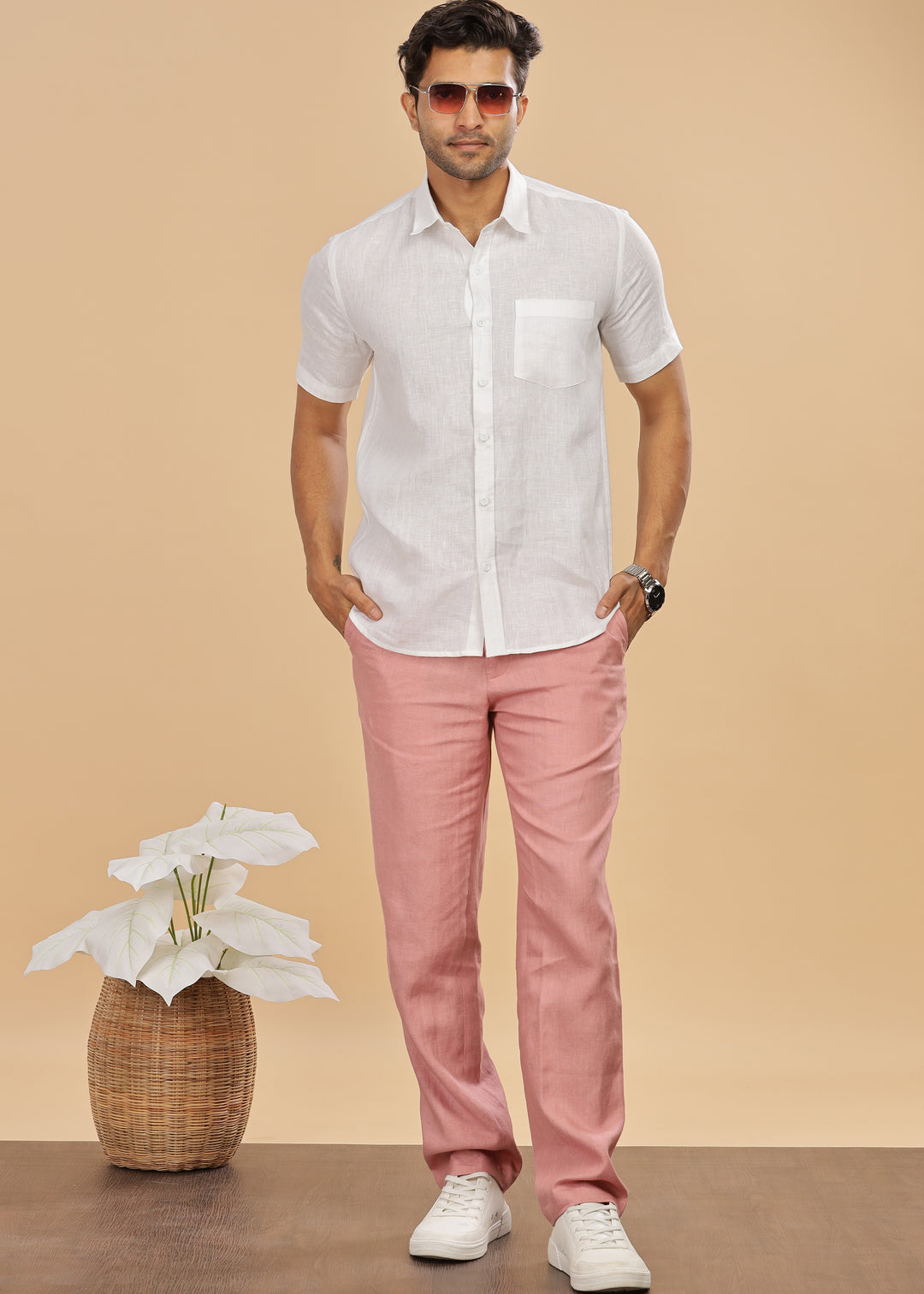 Brandon Double Button Broad Pure Linen Trousers - Rose Pink