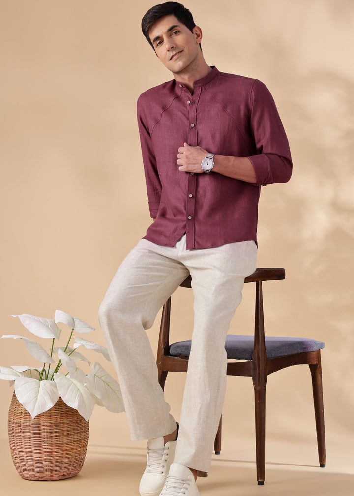 Rustler - Pure Linen Full Sleeve Shirt with Band Collar - Twilight Purple