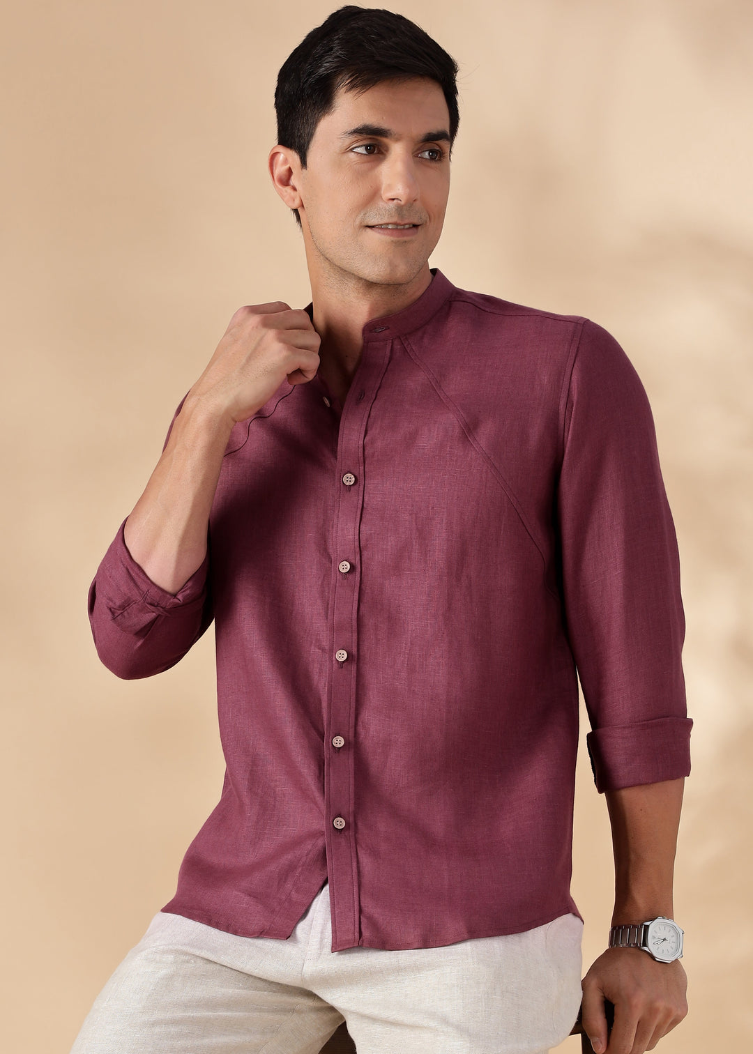 Rustler - Pure Linen Full Sleeve Shirt with Band Collar - Twilight Purple