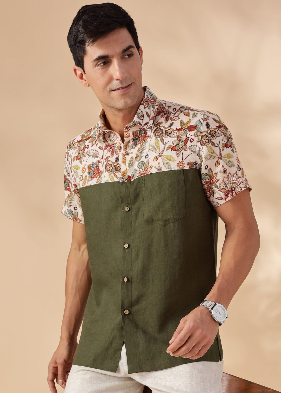 Rafa - Pure Linen Short Sleeve with Printed Yoke - Moss Green