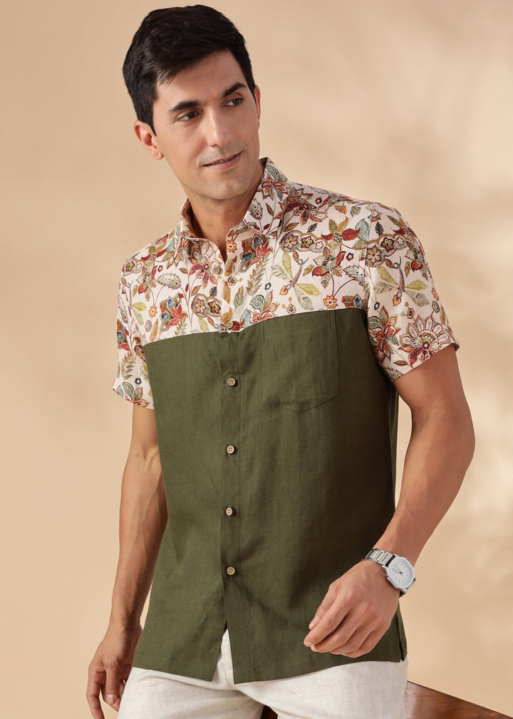 Rafa - Pure Linen Short Sleeve with Printed Yoke - Moss Green