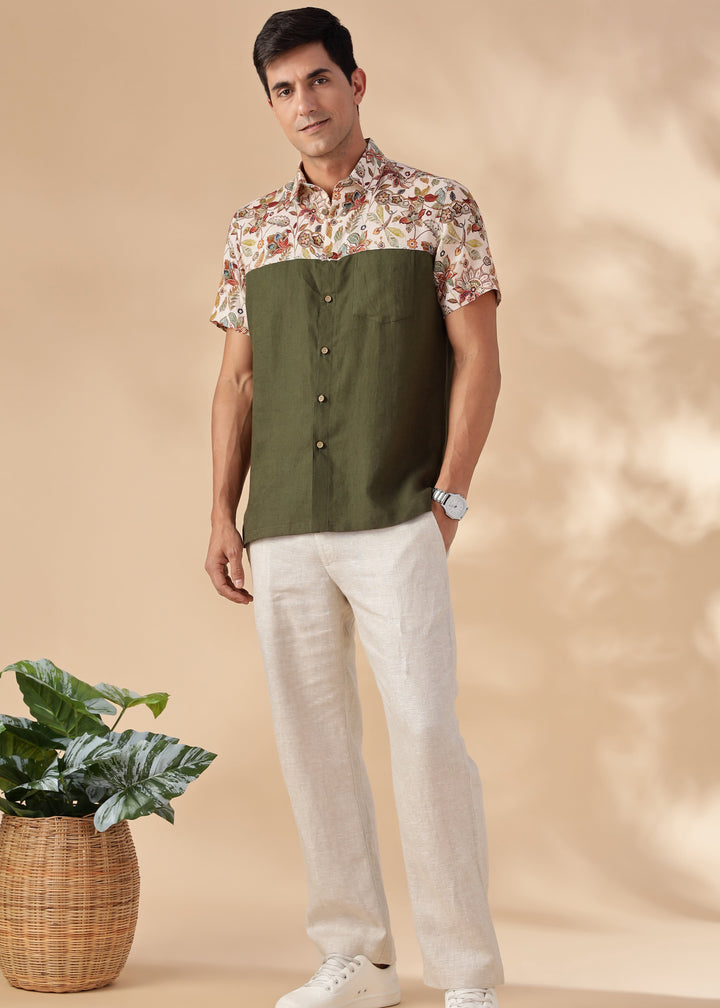 Rafa - Pure Linen Short Sleeve with Printed Yoke - Moss Green