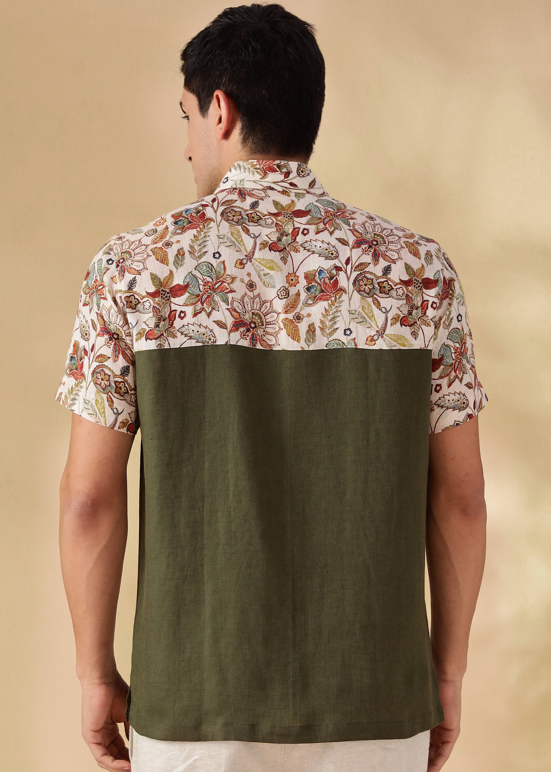 Rafa - Pure Linen Short Sleeve with Printed Yoke - Moss Green